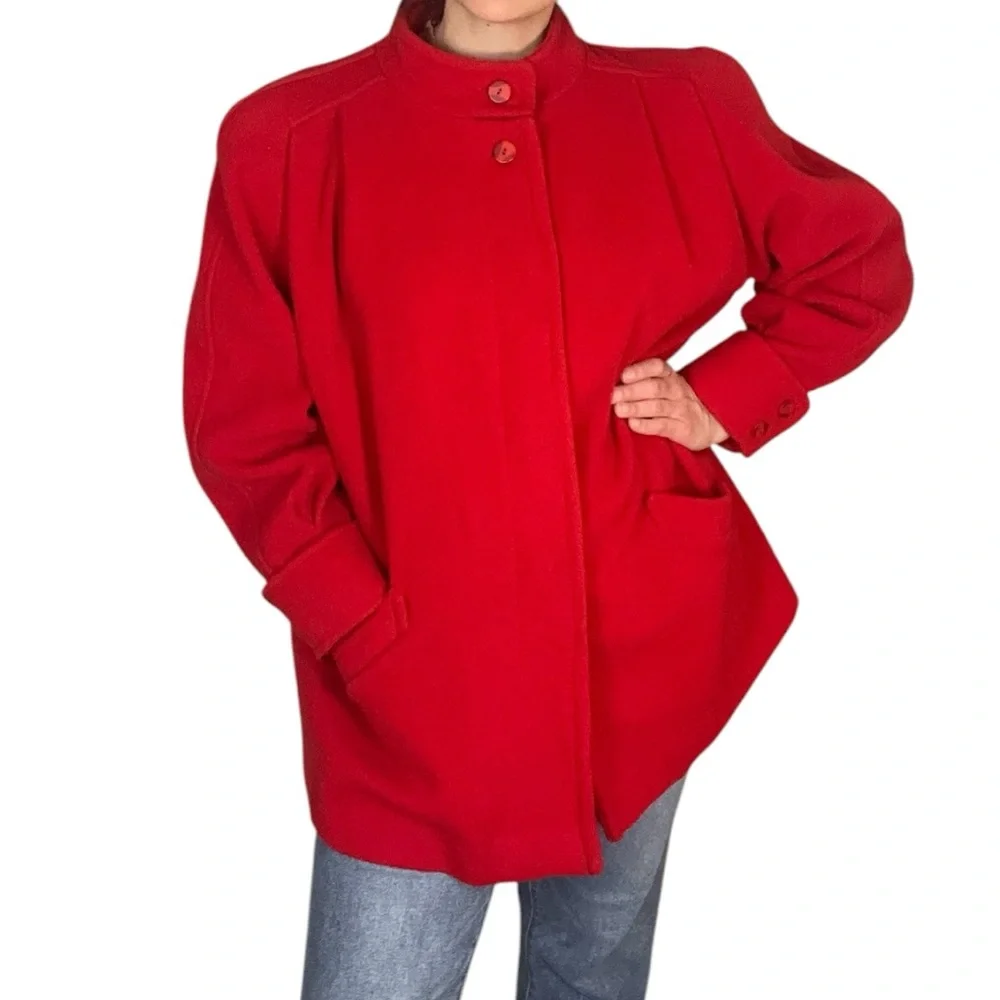 100% Wool Swing Coat Cape coat, size unknown. Vintage red stand up high collar - Picture 3 of 16